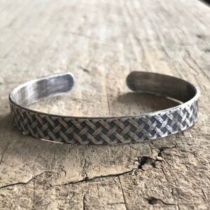 Oxidized Sterling Silver Plaid Tartan Open Cuff Bangle Bracelet Handmade